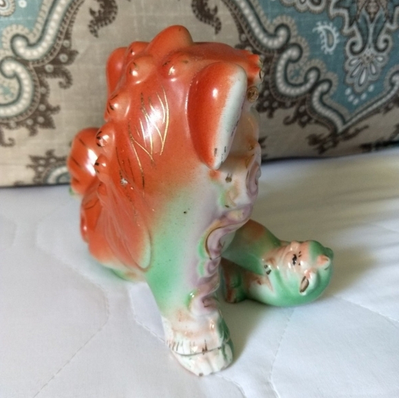 Rare Antique Female Hand-painted Orange & Green Chinese Feng Shui Foo Dog Lion - Picture 3 of 12